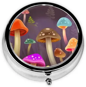 Colorful Mushroom Pill Box Round Pill Case for Pocket Purse 3 Compartment Medicine Pill Organizer Cute Portable Travel Pillbox Vitamin Cod Liver Oil Storage Box Unique Gift Organizer