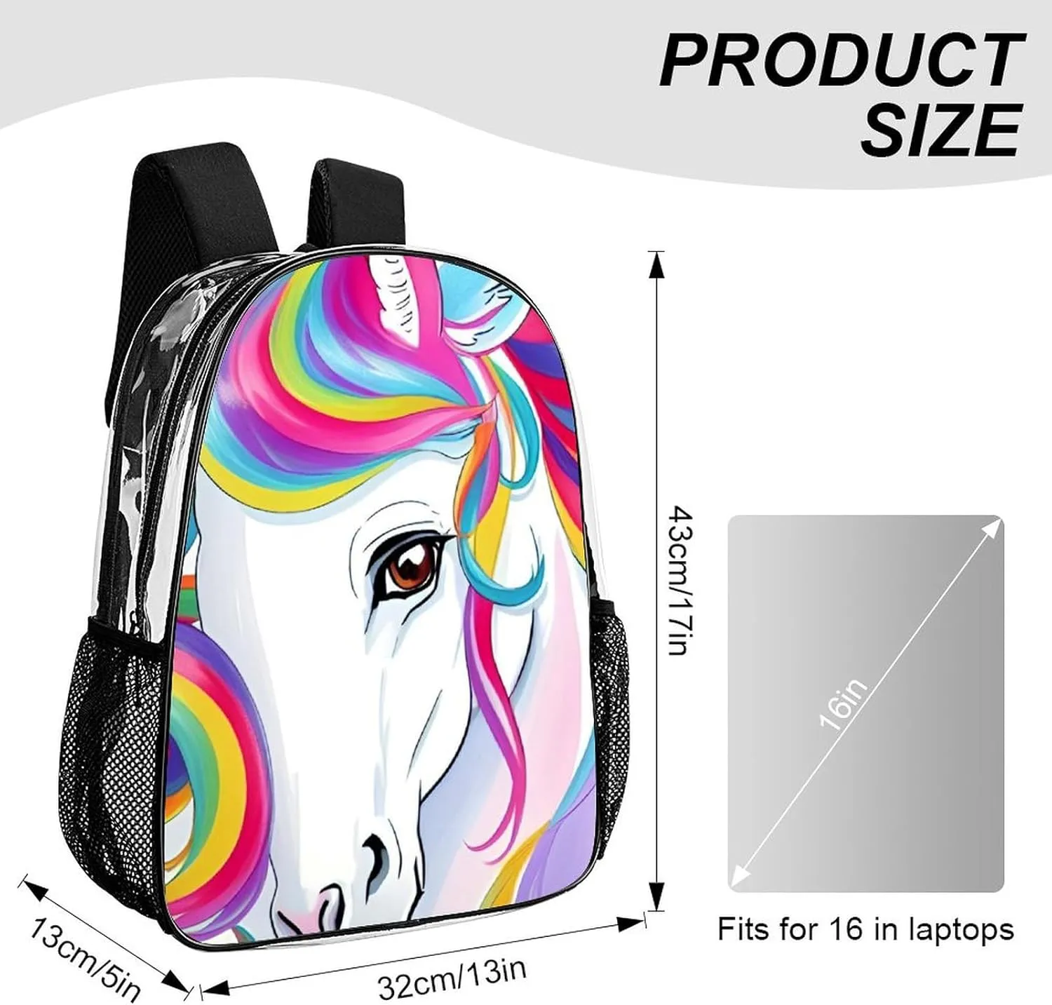 Colorful Rainbow Horse Art Shoulder Book Bags Transparent Multipurpose Anti-Theft Carry On Bag Large Capacity Travel Hiking & Camping Rucksack