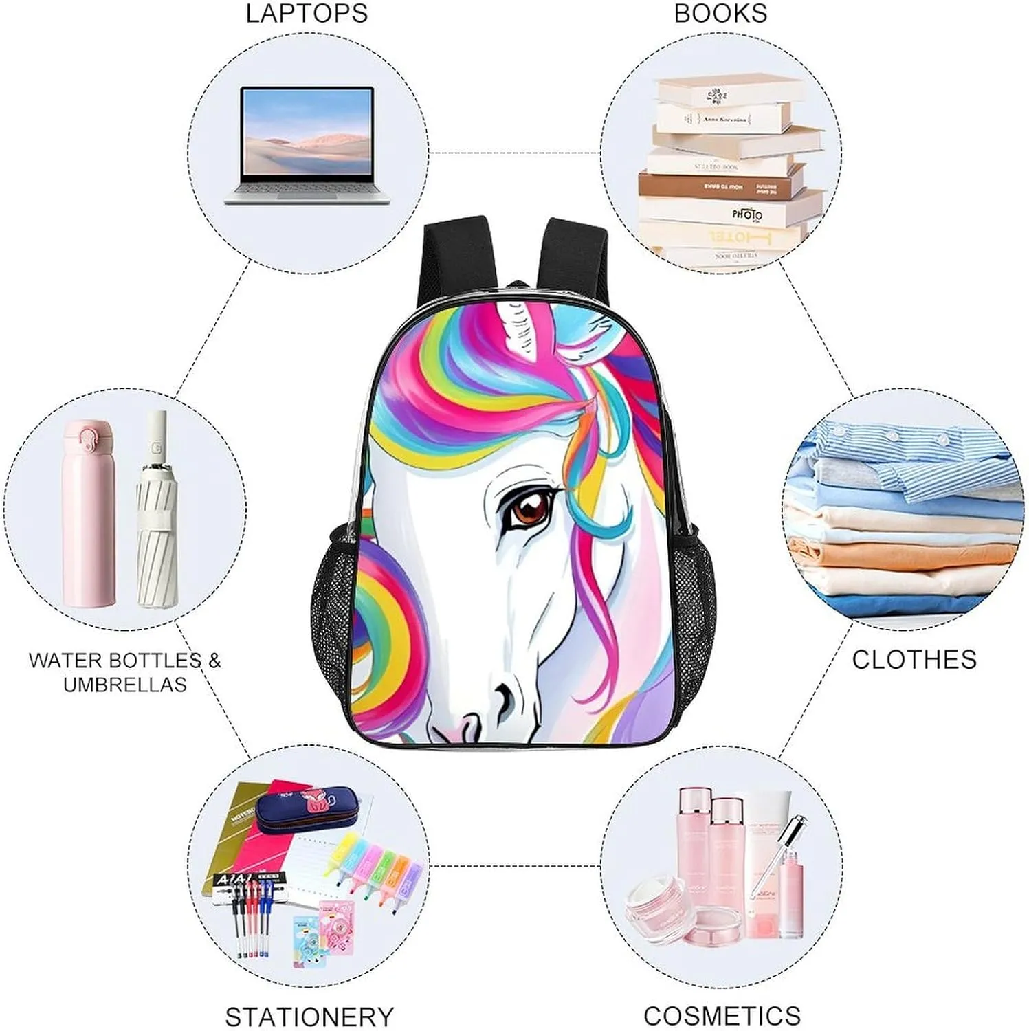 Colorful Rainbow Horse Art Shoulder Book Bags Transparent Multipurpose Anti-Theft Carry On Bag Large Capacity Travel Hiking & Camping Rucksack