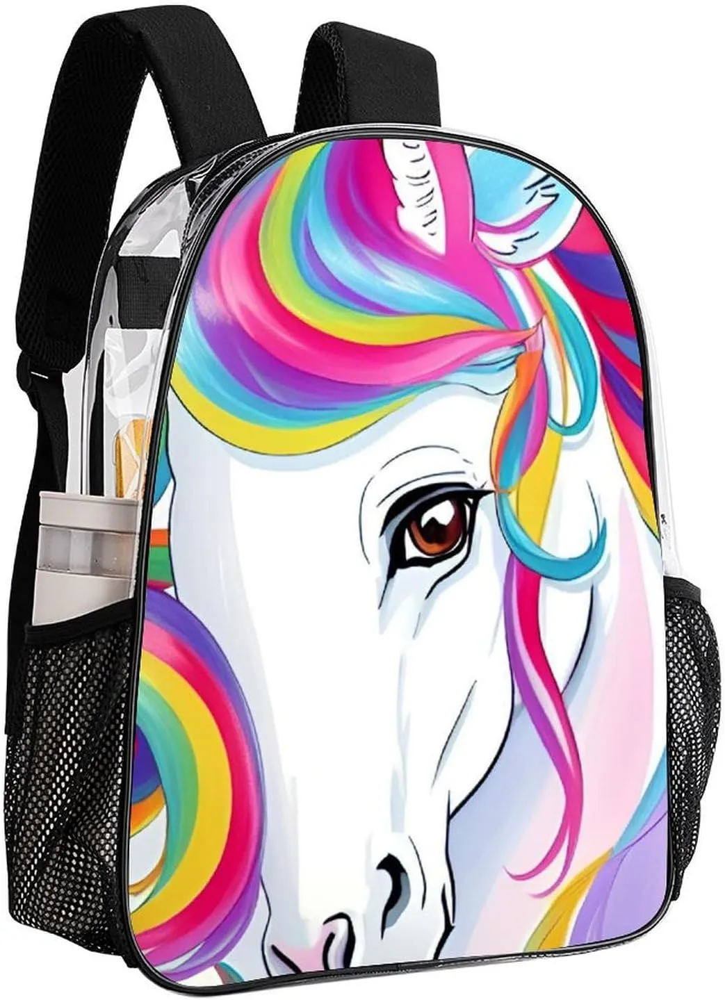 Colorful Rainbow Horse Art Shoulder Book Bags Transparent Multipurpose Anti-Theft Carry On Bag Large Capacity Travel Hiking & Camping Rucksack