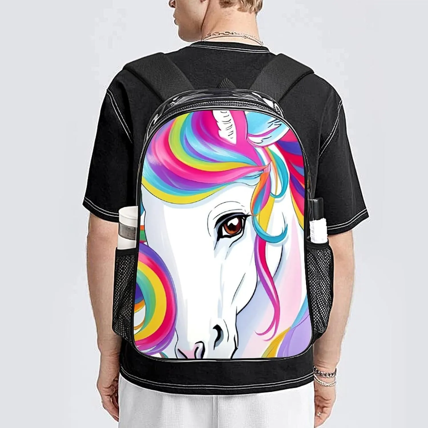 Colorful Rainbow Horse Art Shoulder Book Bags Transparent Multipurpose Anti-Theft Carry On Bag Large Capacity Travel Hiking & Camping Rucksack