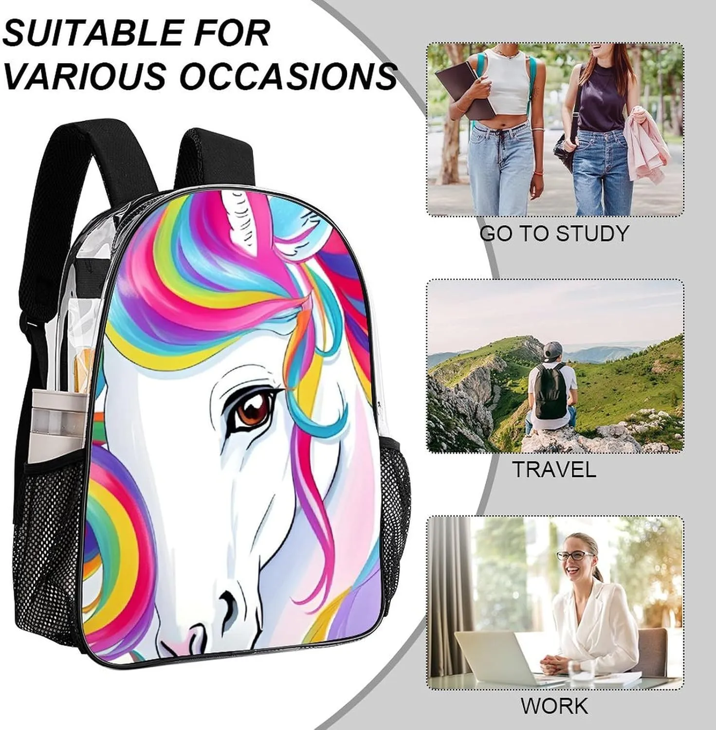 Colorful Rainbow Horse Art Shoulder Book Bags Transparent Multipurpose Anti-Theft Carry On Bag Large Capacity Travel Hiking & Camping Rucksack