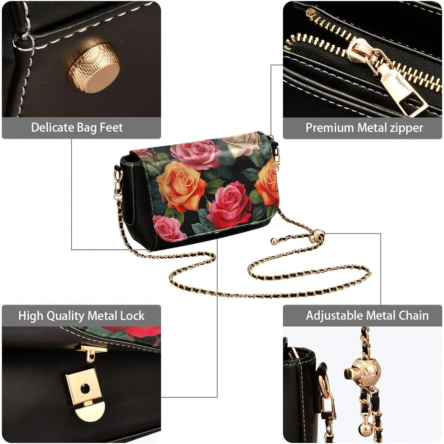 Colorful Roses on Black Leather Women Crossbody Bag, Crossbody Leather Bags for Women, Leather Bag with Zipper
