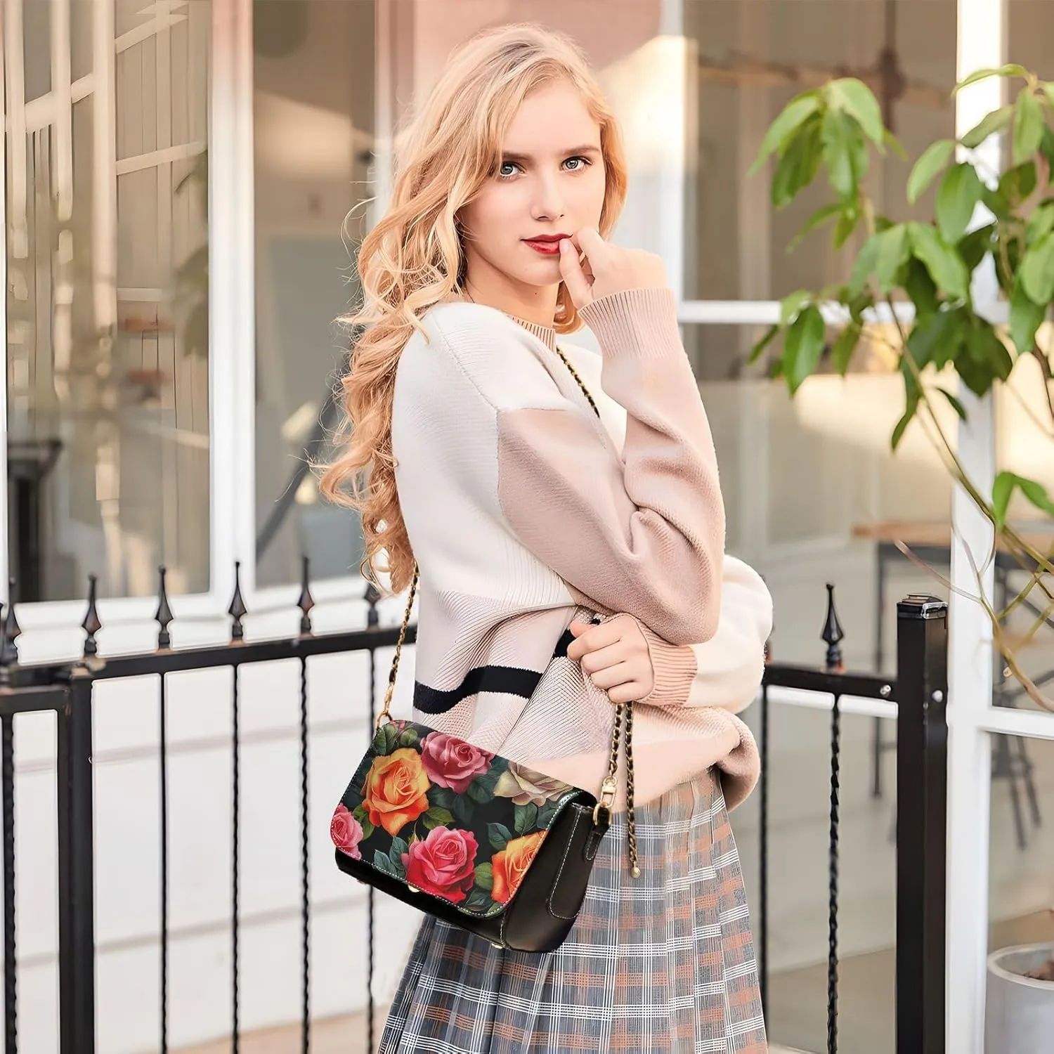 Colorful Roses on Black Leather Women Crossbody Bag, Crossbody Leather Bags for Women, Leather Bag with Zipper