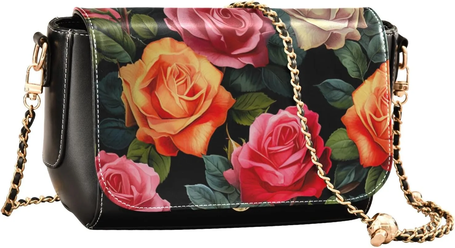 Colorful Roses on Black Leather Women Crossbody Bag, Crossbody Leather Bags for Women, Leather Bag with Zipper