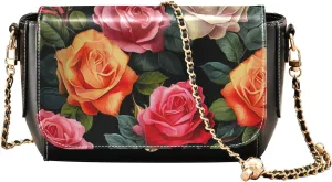 Colorful Roses on Black Leather Women Crossbody Bag, Crossbody Leather Bags for Women, Leather Bag with Zipper