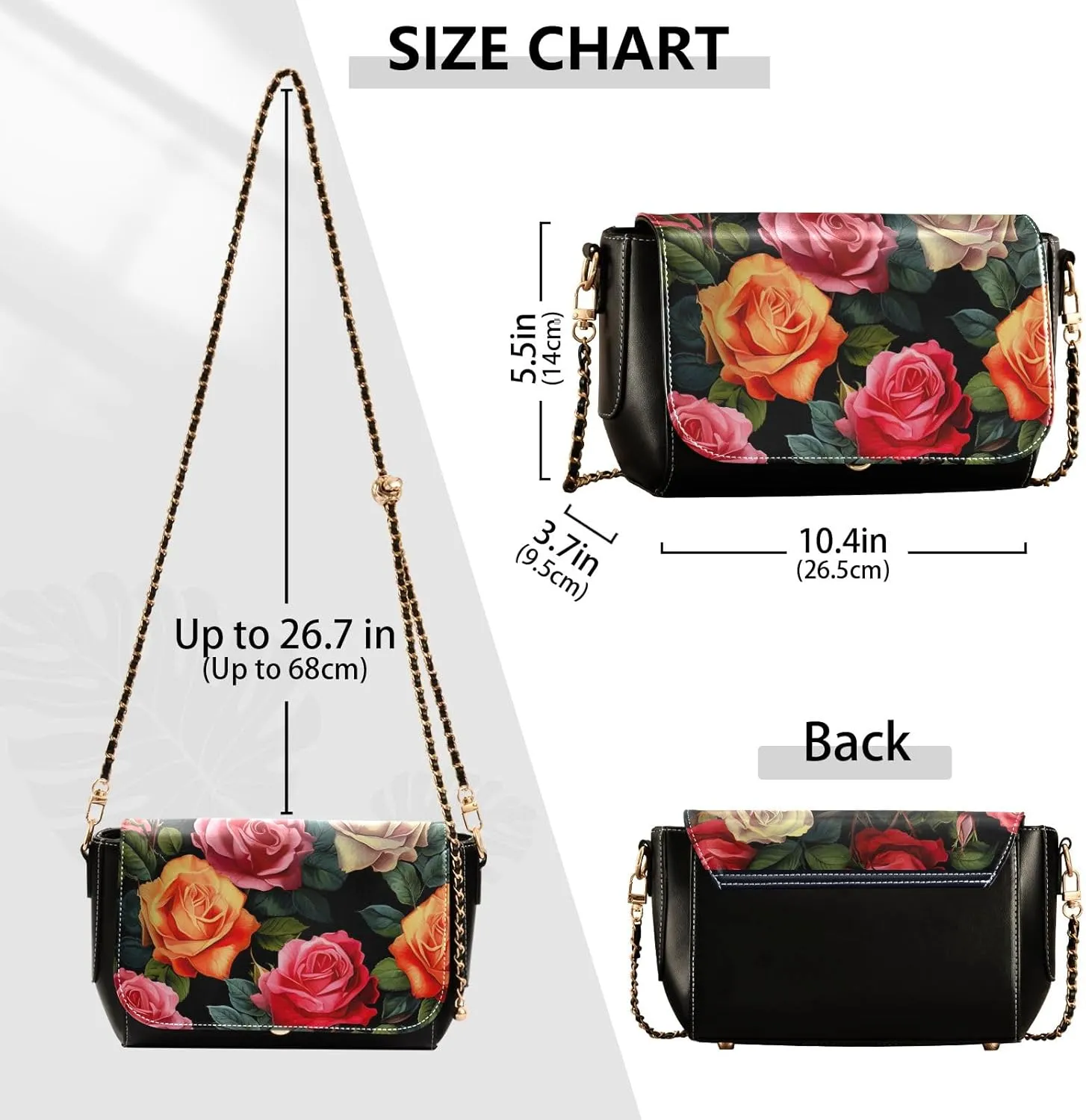 Colorful Roses on Black Leather Women Crossbody Bag, Crossbody Leather Bags for Women, Leather Bag with Zipper