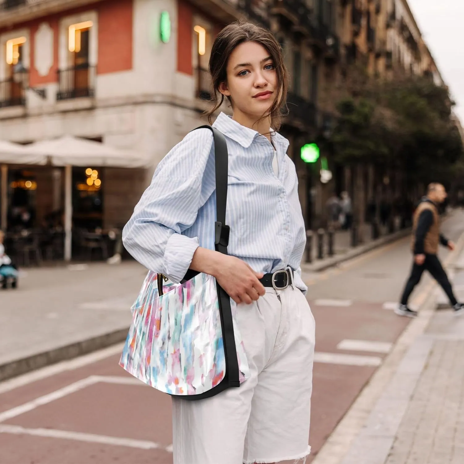 Colorful Tie Dye Striped Leather Hobo Bags for Women Women's Large Purse Chic Leaf Print Women Shoulder Purse