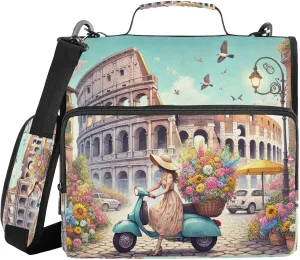 Colosseum Scooter Flowers Zipper Binder Bag 3 Ring File Folder Document Organizer Large Zippered Binders Multi Pockets with Strap Handle for Office School College Supplies
