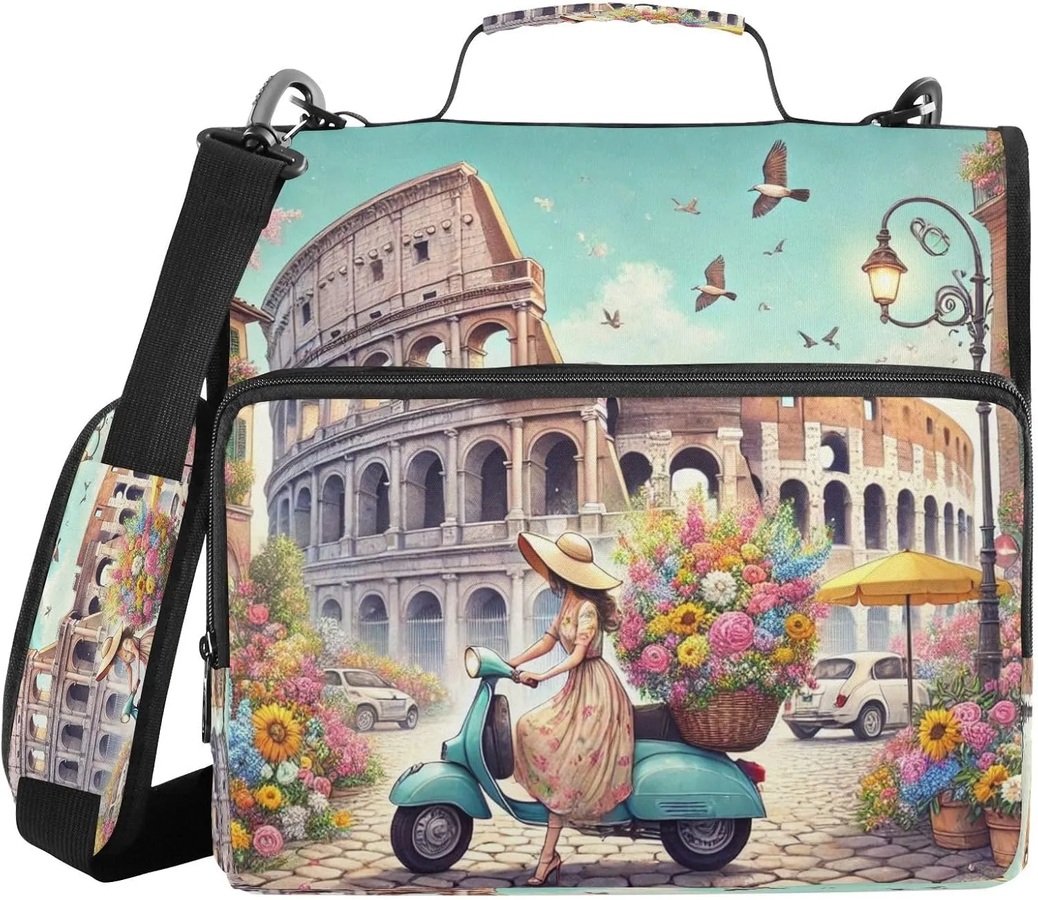Colosseum Scooter Flowers Zipper Binder Bag 3 Ring File Folder Document Organizer Large Zippered Binders Multi Pockets with Strap Handle for Office School College Supplies
