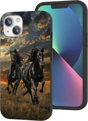Compatible with iPhone 13 Case, Two Black Horses Running on The Grassland Protective Slim Soft TPU Shockproof Phone Case