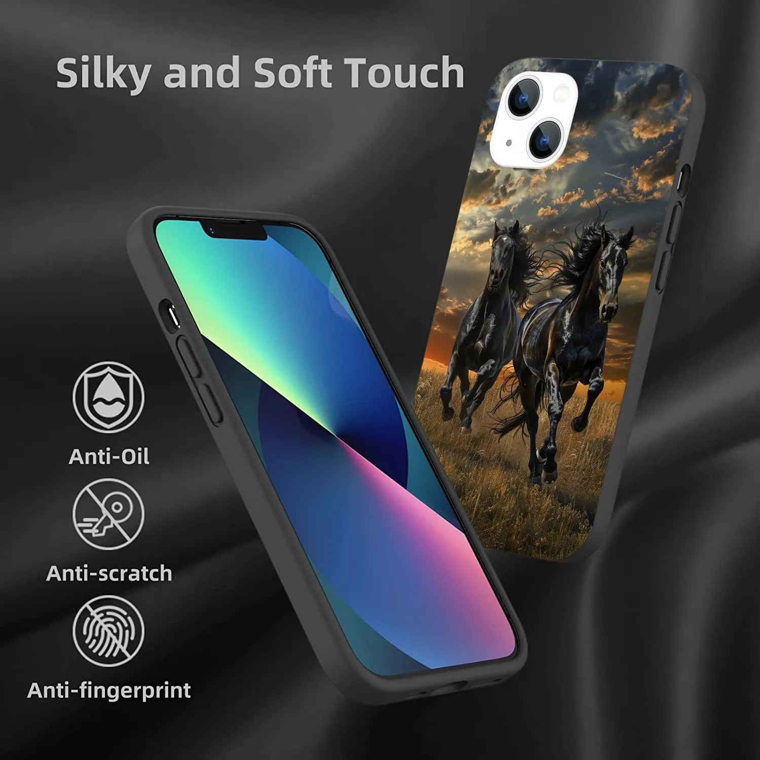 Compatible with iPhone 13 Case, Two Black Horses Running on The Grassland Protective Slim Soft TPU Shockproof Phone Case