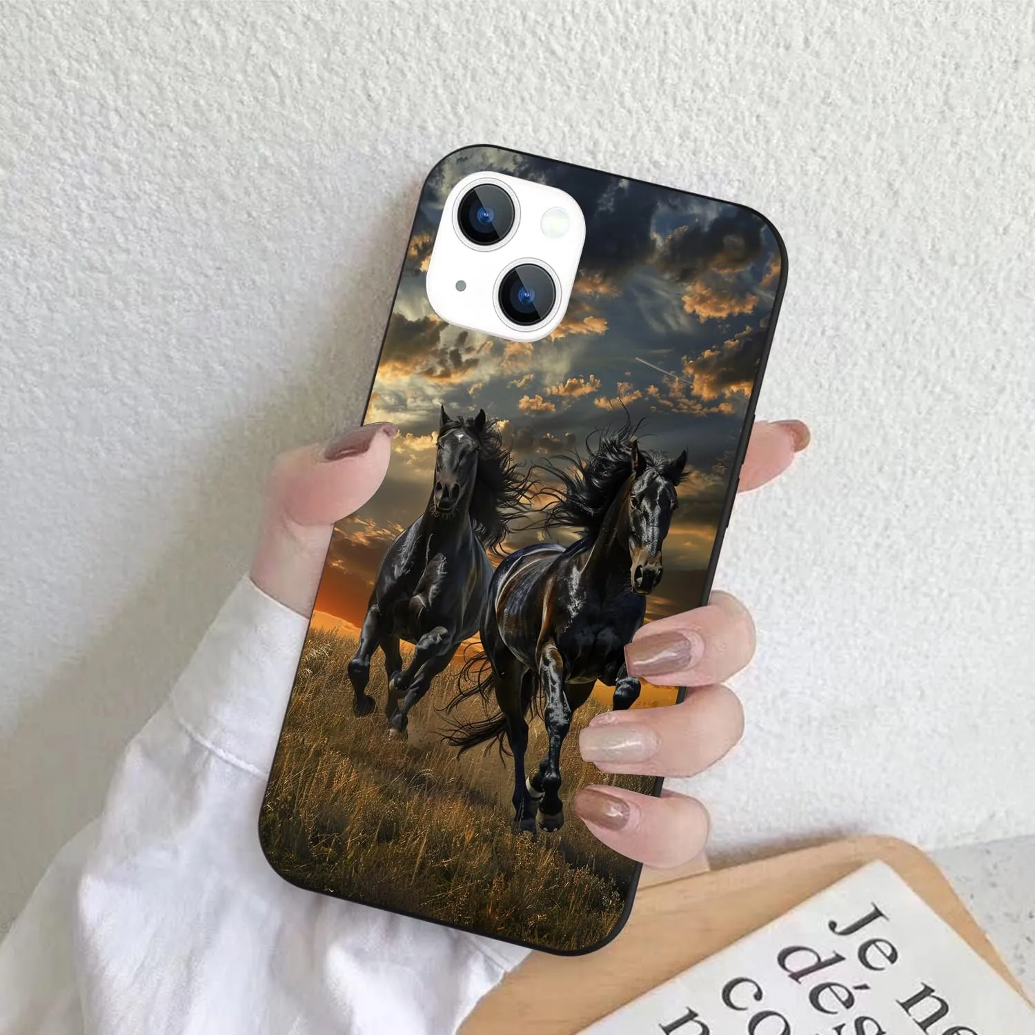 Compatible with iPhone 13 Case, Two Black Horses Running on The Grassland Protective Slim Soft TPU Shockproof Phone Case