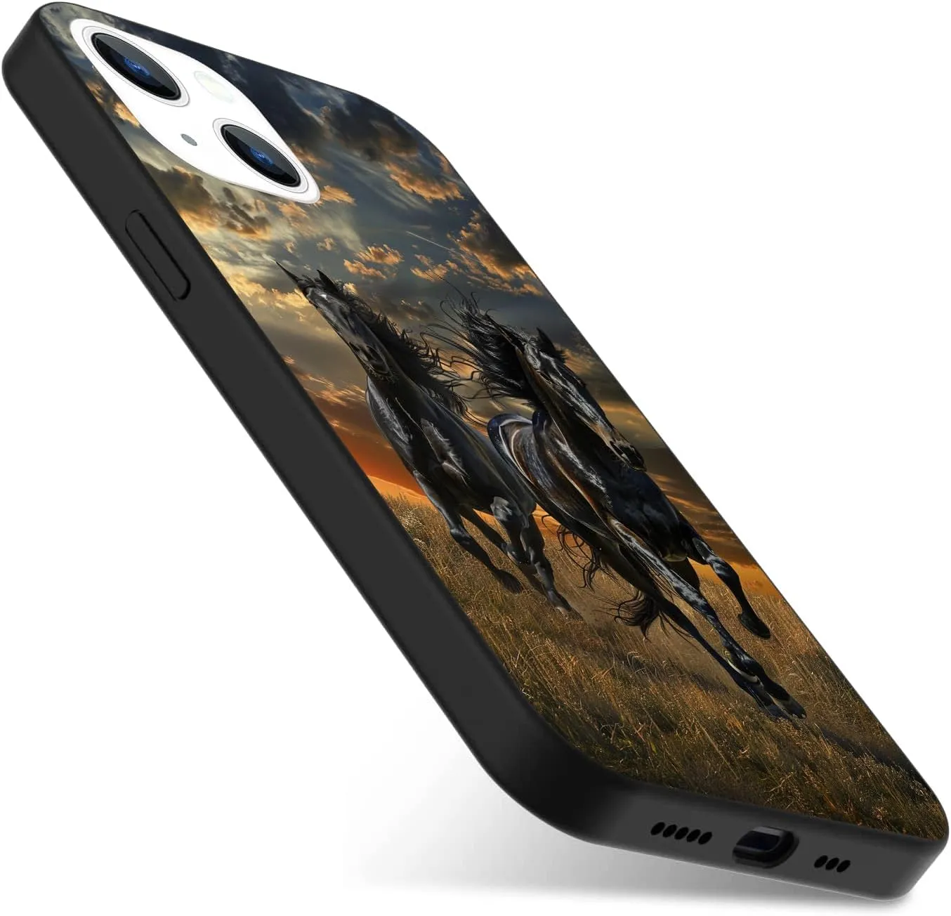 Compatible with iPhone 13 Case, Two Black Horses Running on The Grassland Protective Slim Soft TPU Shockproof Phone Case