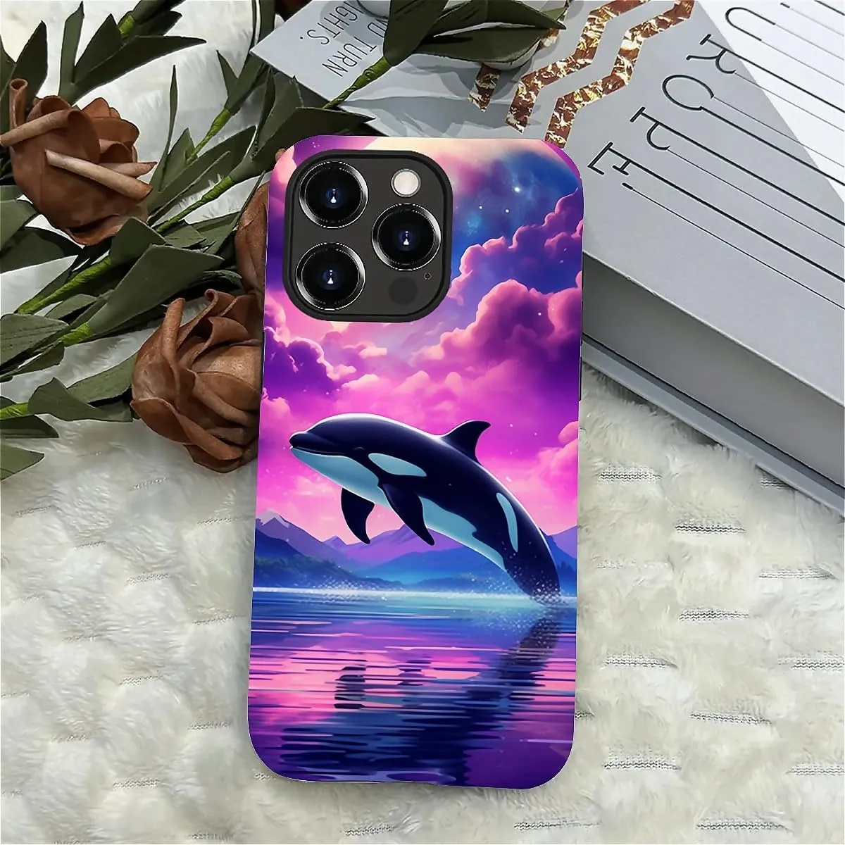 Compatible with iPhone 15 Pro Max Case, Dolphin Pink Pattern Print Phone Case Funny Liquid Silicone Case Impact Resistant Anti-Scratch Shockproof Protective Cover