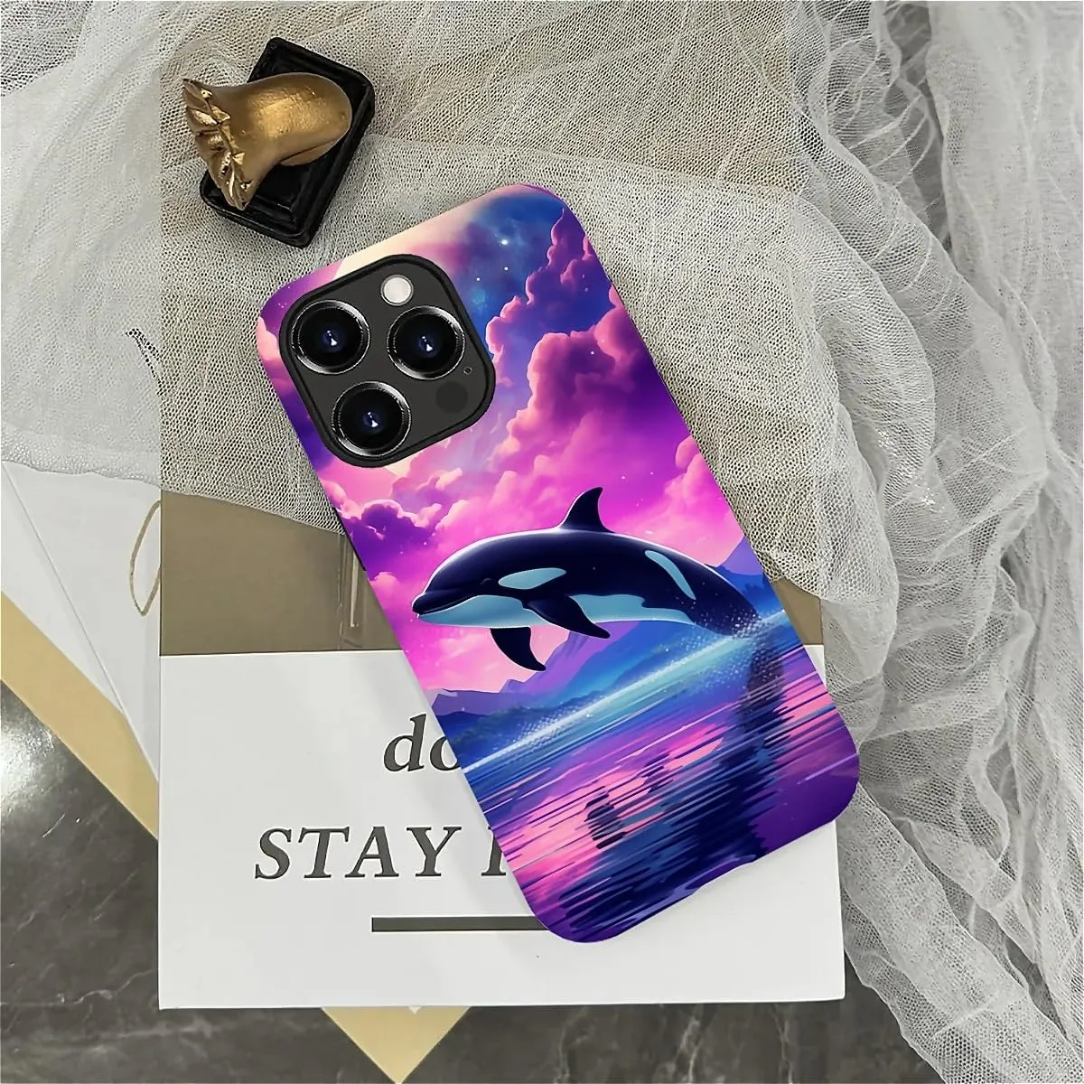 Compatible with iPhone 15 Pro Max Case, Dolphin Pink Pattern Print Phone Case Funny Liquid Silicone Case Impact Resistant Anti-Scratch Shockproof Protective Cover