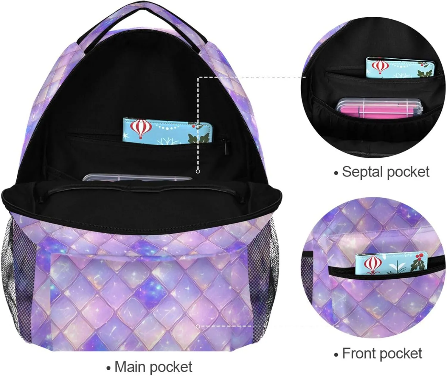 Cool Backpacks for Teacher Nurse Waterproof Stylish Travel Bags with Chest Strap Gift Men & Women Purple Scales Sparkling