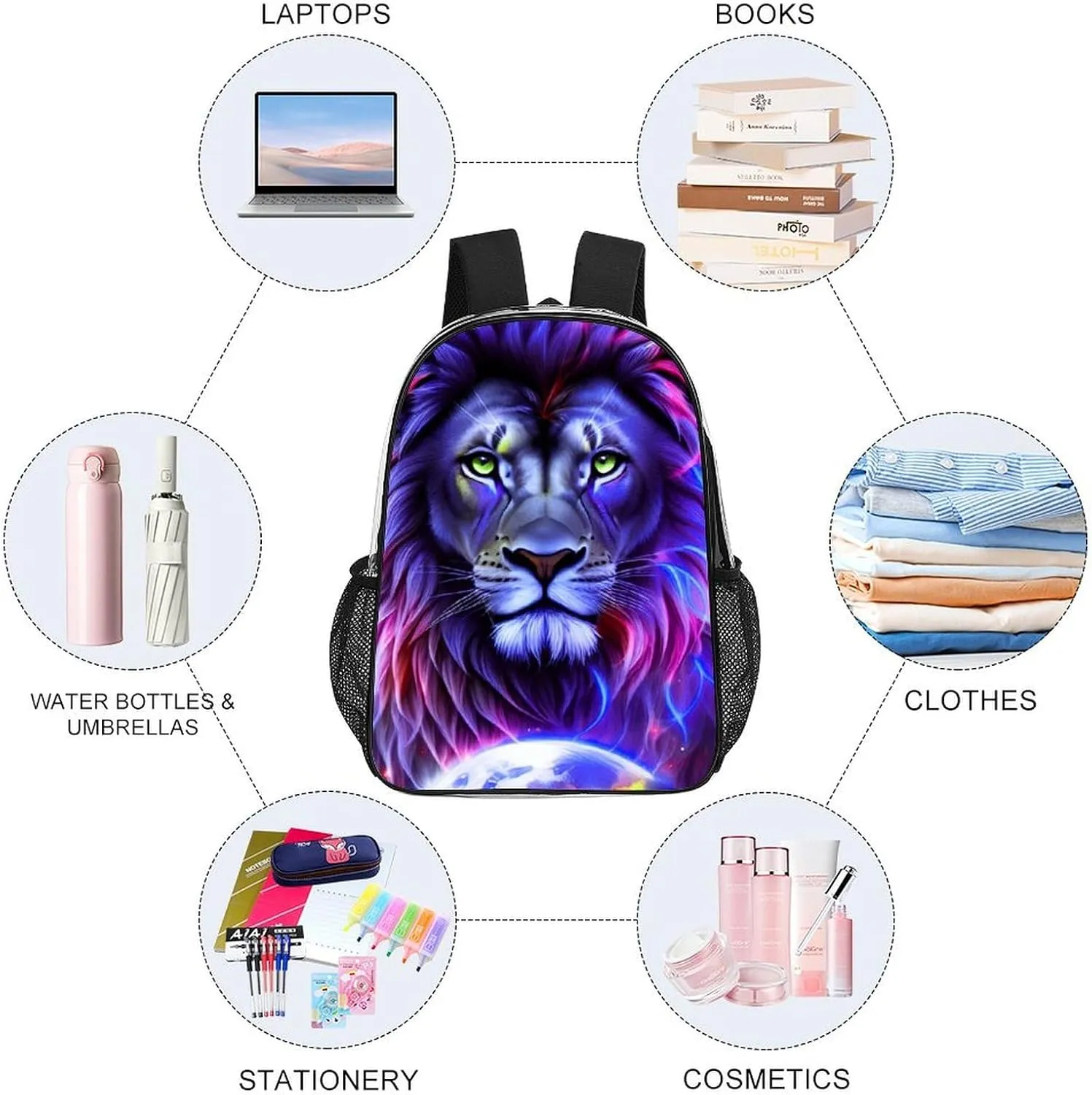 Cool Lion In The Universe Surreal Style Art Rucksack Transparent Anti-Theft Multipurpose Carry On Bag Large Capacity Travel and Sport Backpack Rucksack With Smooth Zippers