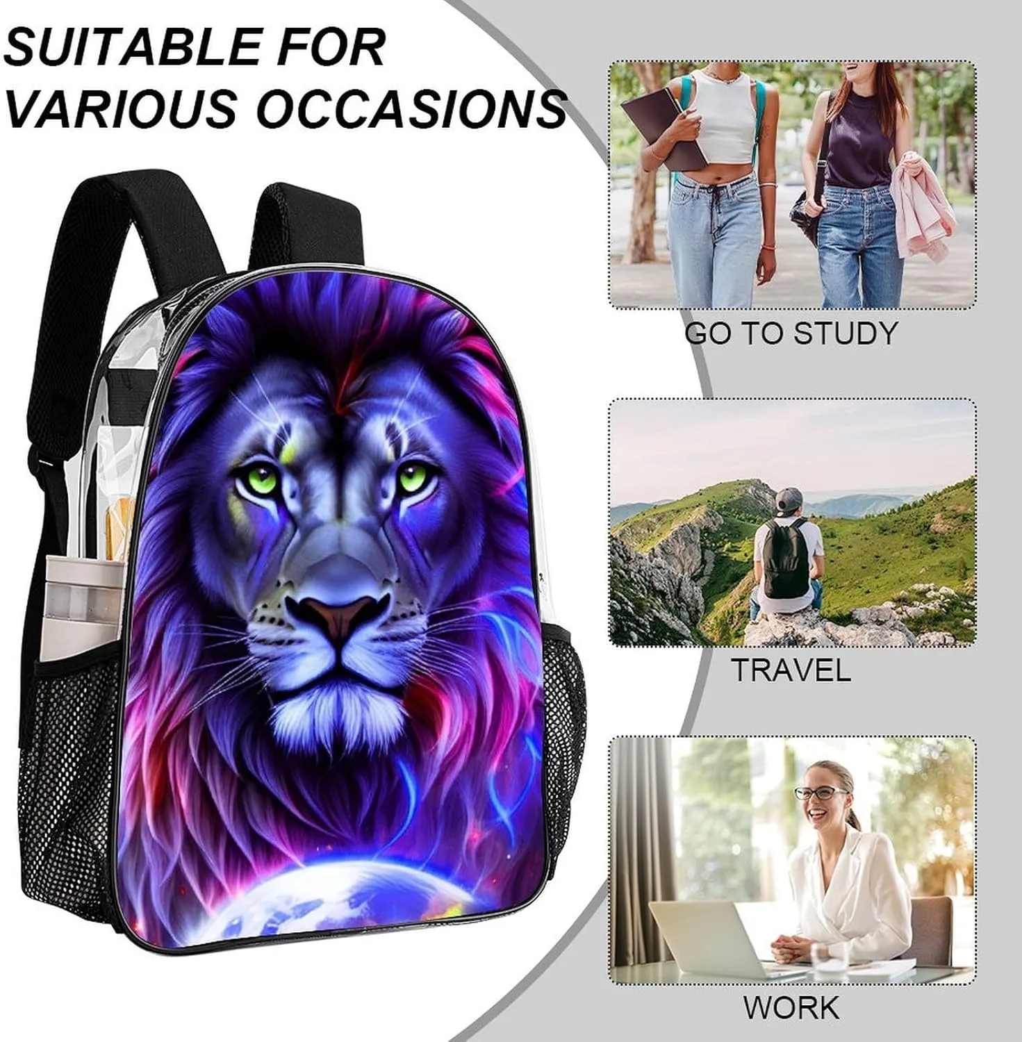 Cool Lion In The Universe Surreal Style Art Rucksack Transparent Anti-Theft Multipurpose Carry On Bag Large Capacity Travel and Sport Backpack Rucksack With Smooth Zippers