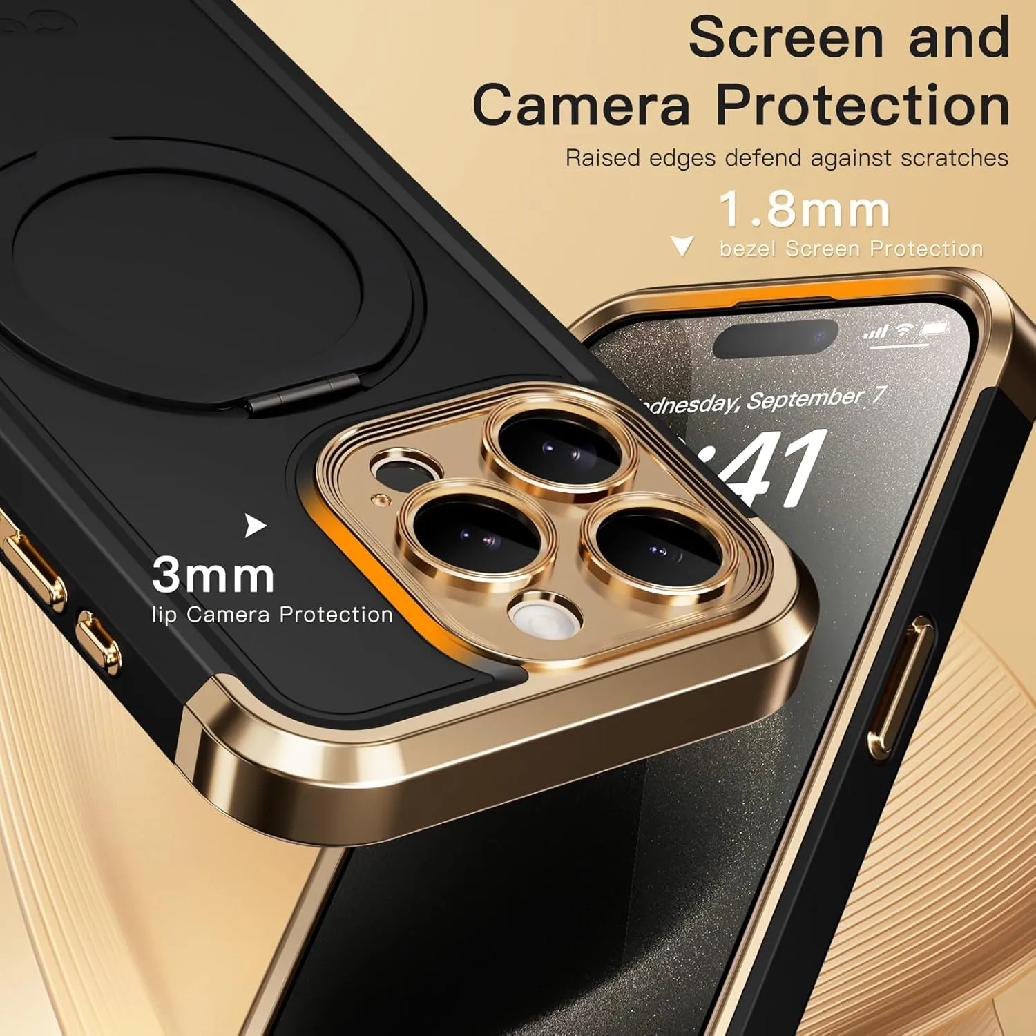 COOLQO for iPhone 15 Pro Max Case 6.7'' Upgraded 360° Spin Magnetic Stand [Compatible with Magsafe][Military Protection] Shockproof Protective Phone Holder Cover for iPhone 15 Pro Max, Black Gold