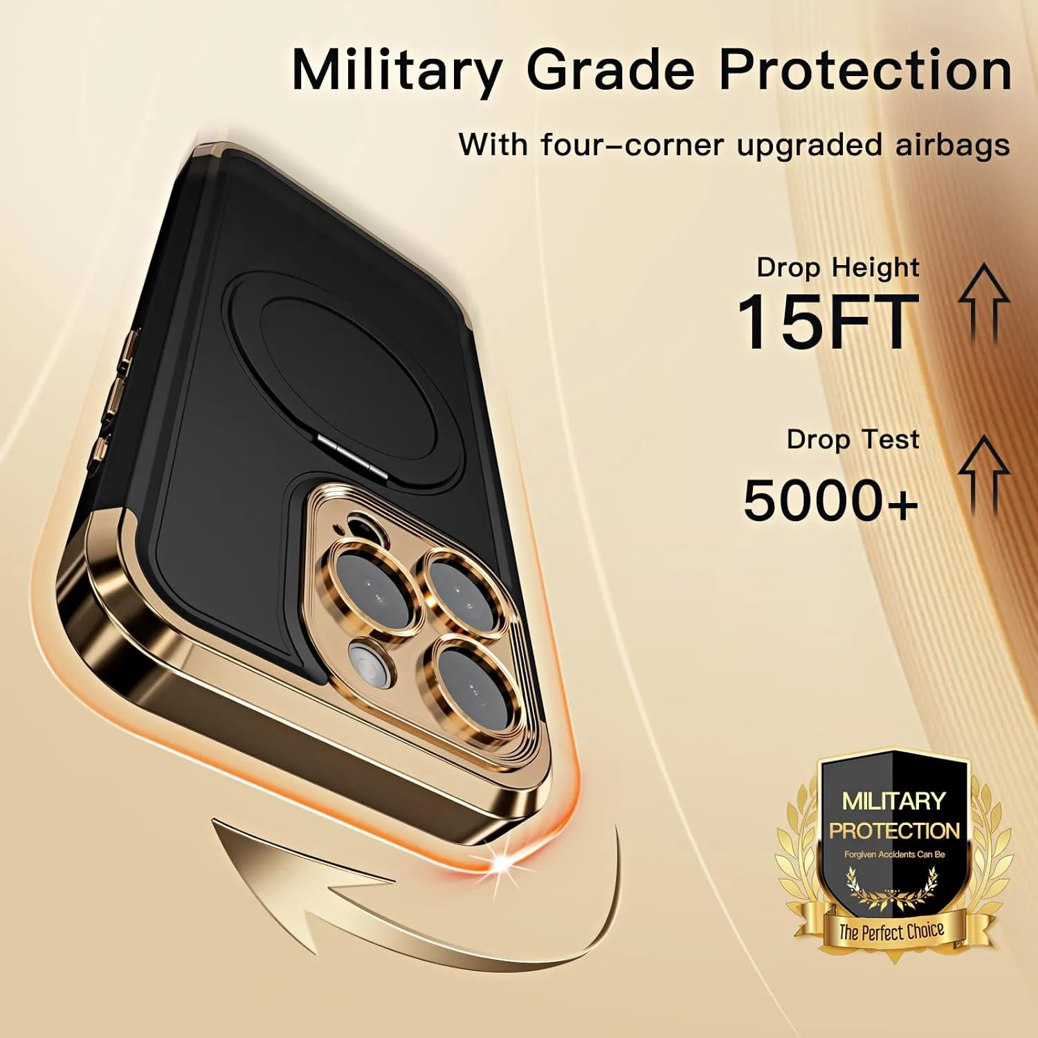 COOLQO for iPhone 15 Pro Max Case 6.7'' Upgraded 360° Spin Magnetic Stand [Compatible with Magsafe][Military Protection] Shockproof Protective Phone Holder Cover for iPhone 15 Pro Max, Black Gold