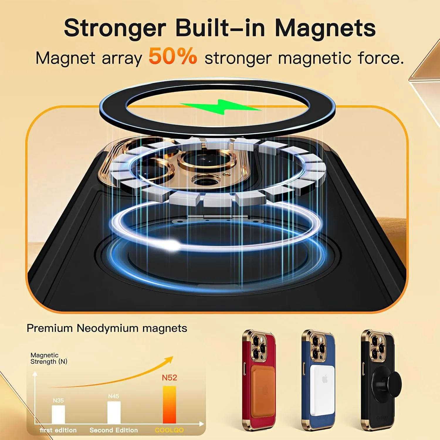 COOLQO for iPhone 15 Pro Max Case 6.7'' Upgraded 360° Spin Magnetic Stand [Compatible with Magsafe][Military Protection] Shockproof Protective Phone Holder Cover for iPhone 15 Pro Max, Black Gold