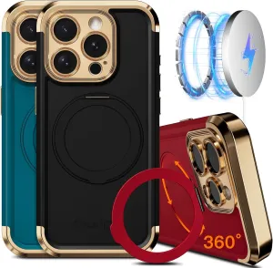COOLQO for iPhone 15 Pro Max Case 6.7'' Upgraded 360° Spin Magnetic Stand [Compatible with Magsafe][Military Protection] Shockproof Protective Phone Holder Cover for iPhone 15 Pro Max, Black Gold