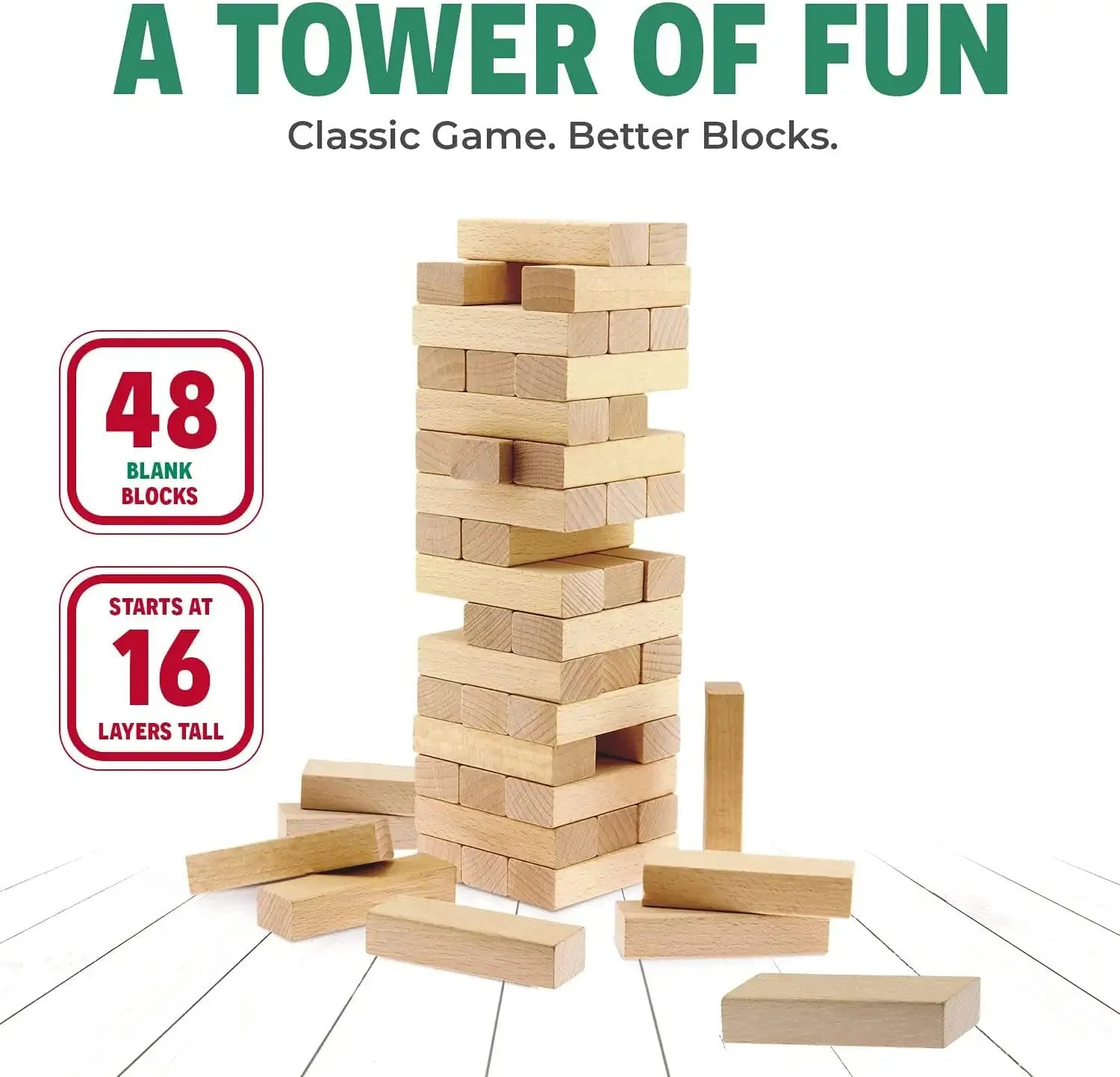 CoolToys Timber Tower Wood Block Stacking Game – Original Edition (48 Pieces) – 4 Pack