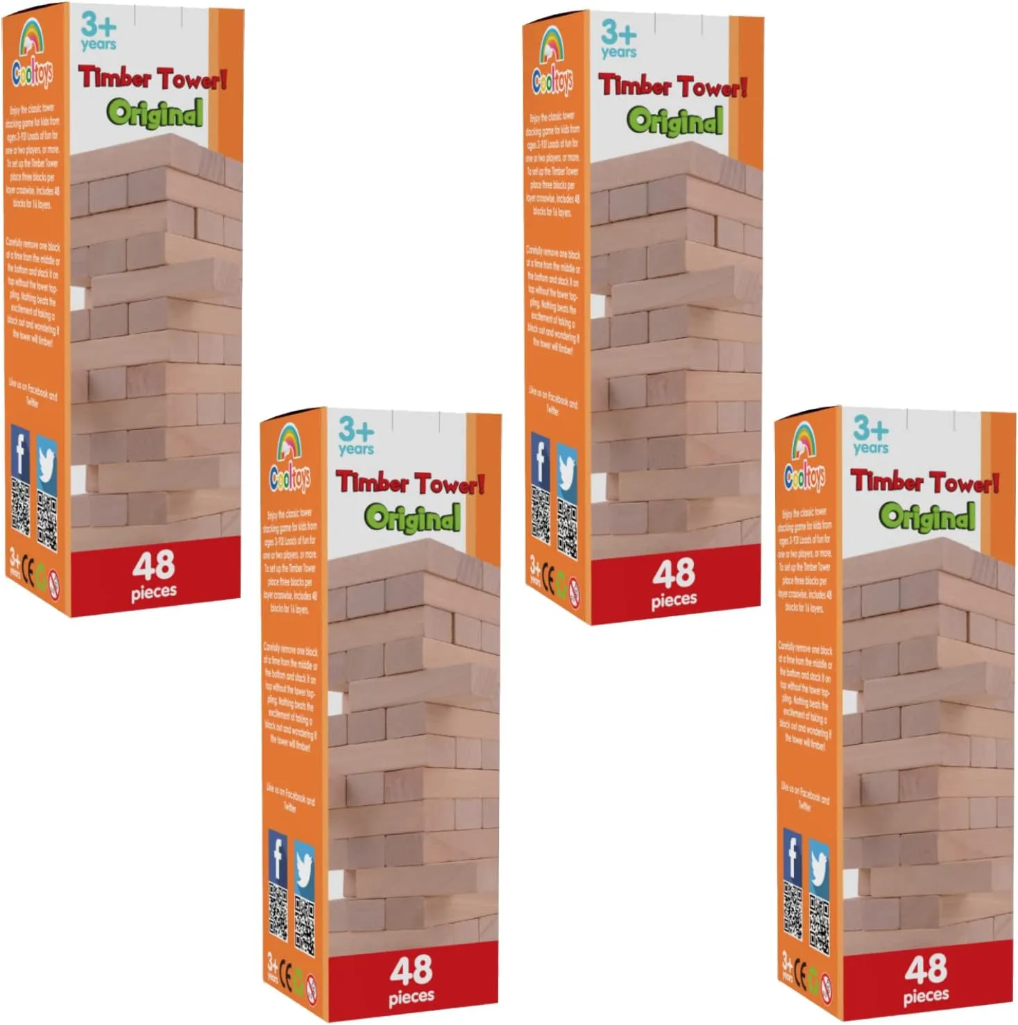 CoolToys Timber Tower Wood Block Stacking Game – Original Edition (48 Pieces) – 4 Pack