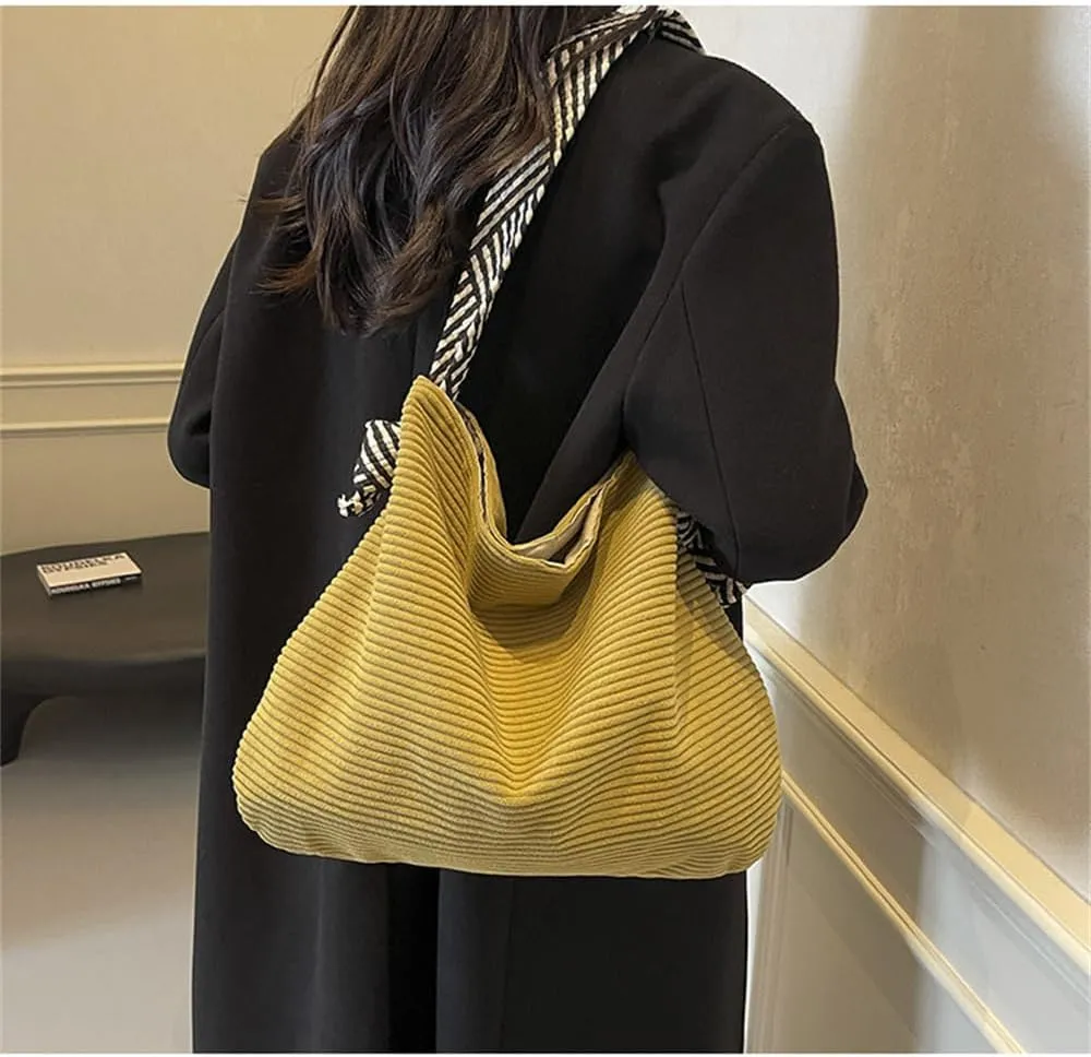 Corduroy Slouchy Hobo Bags for Women Large Corduroy Tote Bag with Wide Strap Casual Work Travel Shoulder Handbag