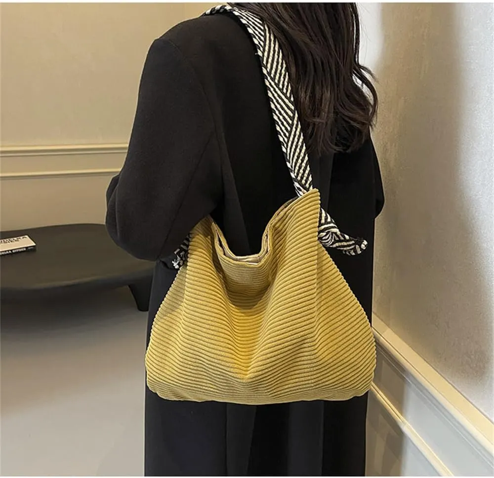 Corduroy Slouchy Hobo Bags for Women Large Corduroy Tote Bag with Wide Strap Casual Work Travel Shoulder Handbag