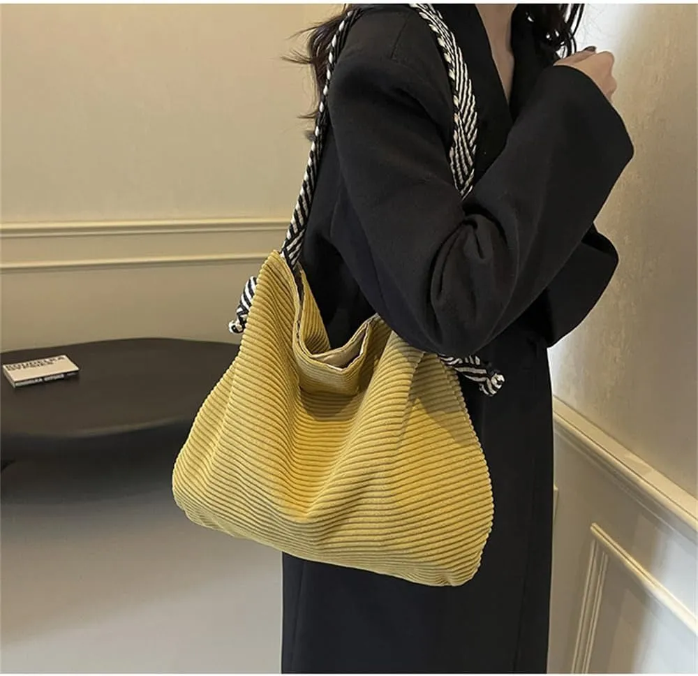 Corduroy Slouchy Hobo Bags for Women Large Corduroy Tote Bag with Wide Strap Casual Work Travel Shoulder Handbag