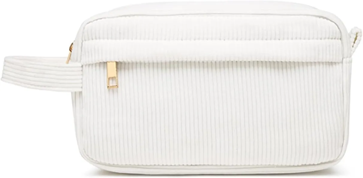 Corduroy Travel Cosmetic Bag, Toiletry Bag, Makeup Organizer Tote Bag for Women, Skincare Essentials Storage Pouch, Zipper Closure Purses, Portable Handle, White