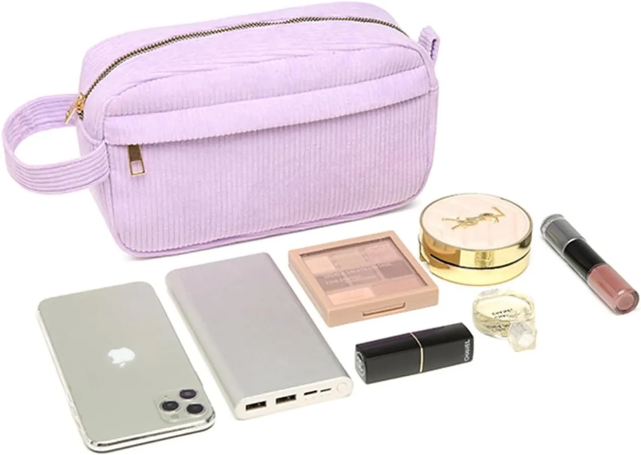Corduroy Travel Cosmetic Bag, Toiletry Bag, Makeup Organizer Tote Bag for Women, Skincare Essentials Storage Pouch, Zipper Closure Purses, Portable Handle, White