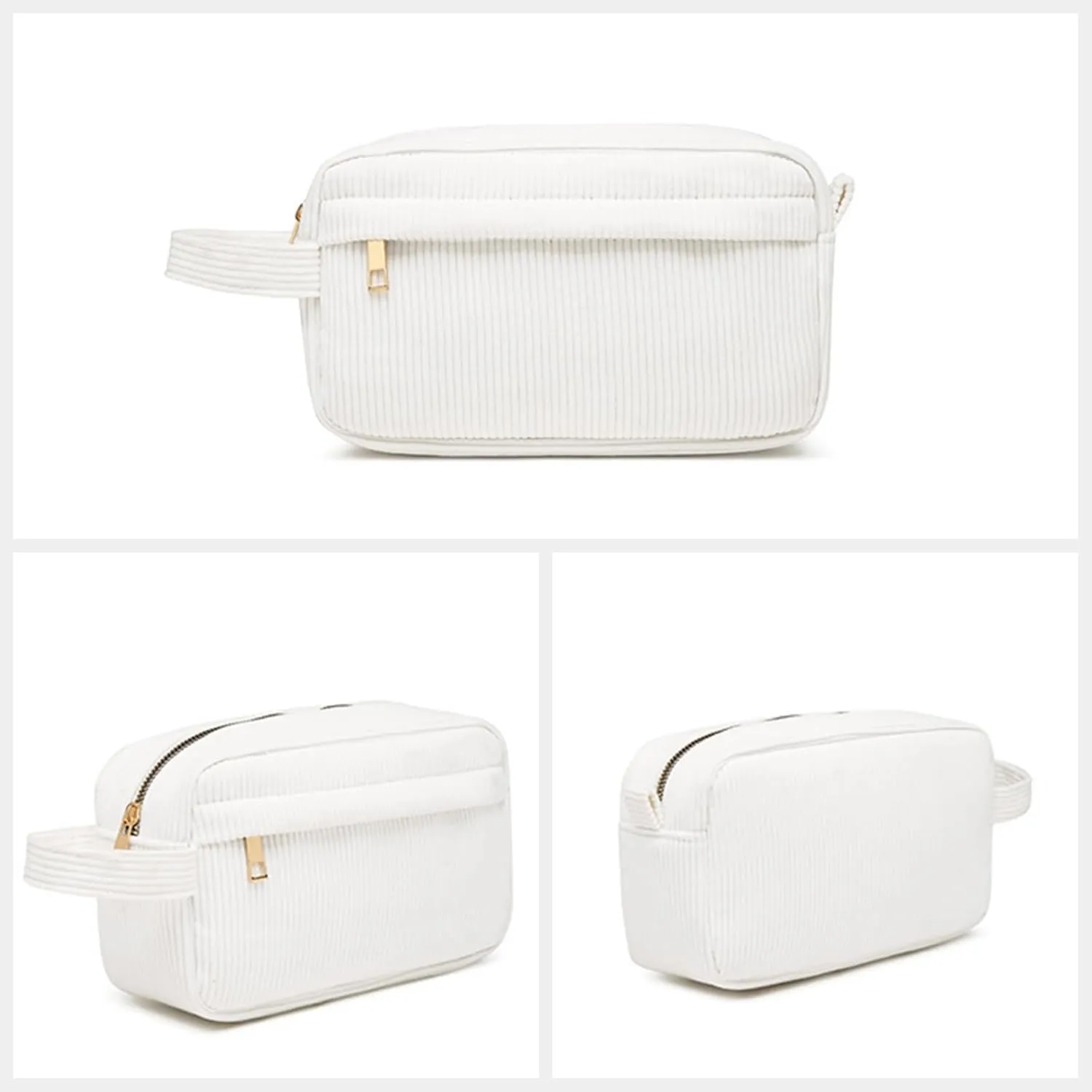 Corduroy Travel Cosmetic Bag, Toiletry Bag, Makeup Organizer Tote Bag for Women, Skincare Essentials Storage Pouch, Zipper Closure Purses, Portable Handle, White