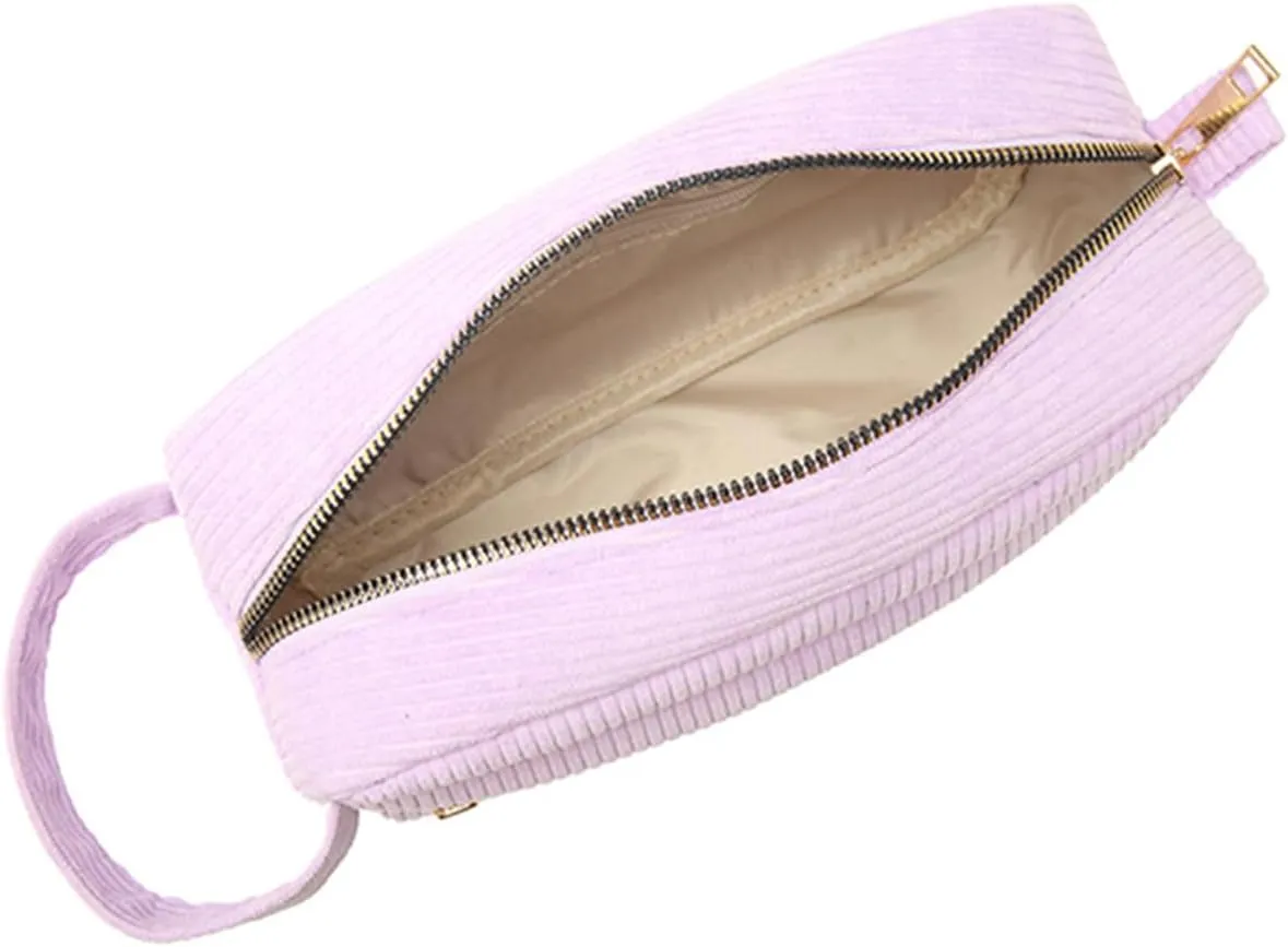 Corduroy Travel Cosmetic Bag, Toiletry Bag, Makeup Organizer Tote Bag for Women, Skincare Essentials Storage Pouch, Zipper Closure Purses, Portable Handle, White