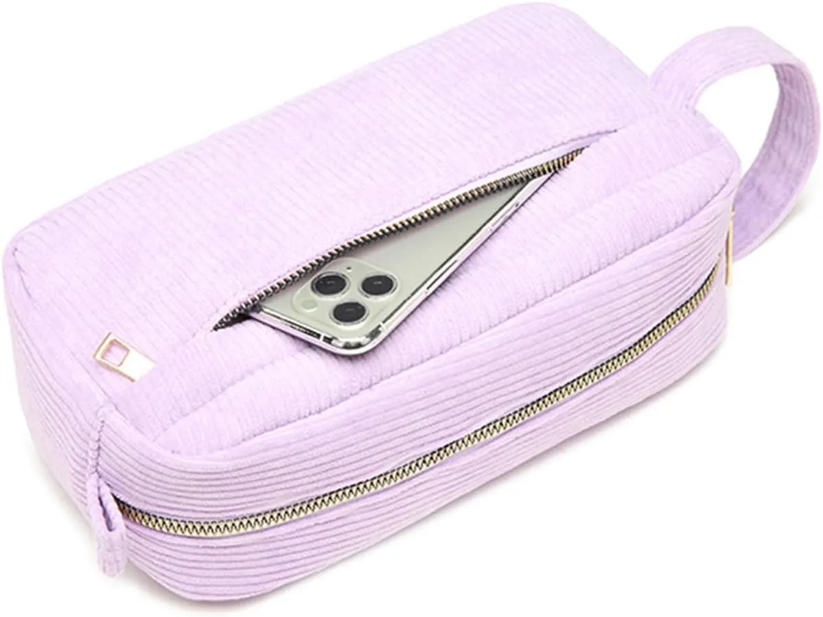 Corduroy Travel Cosmetic Bag, Toiletry Bag, Makeup Organizer Tote Bag for Women, Skincare Essentials Storage Pouch, Zipper Closure Purses, Portable Handle, White