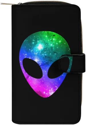 Cosmos Colorful Space Alien Head Wallet for Women Leather Credit Card Holder Clutch Travel Purse with ID Window
