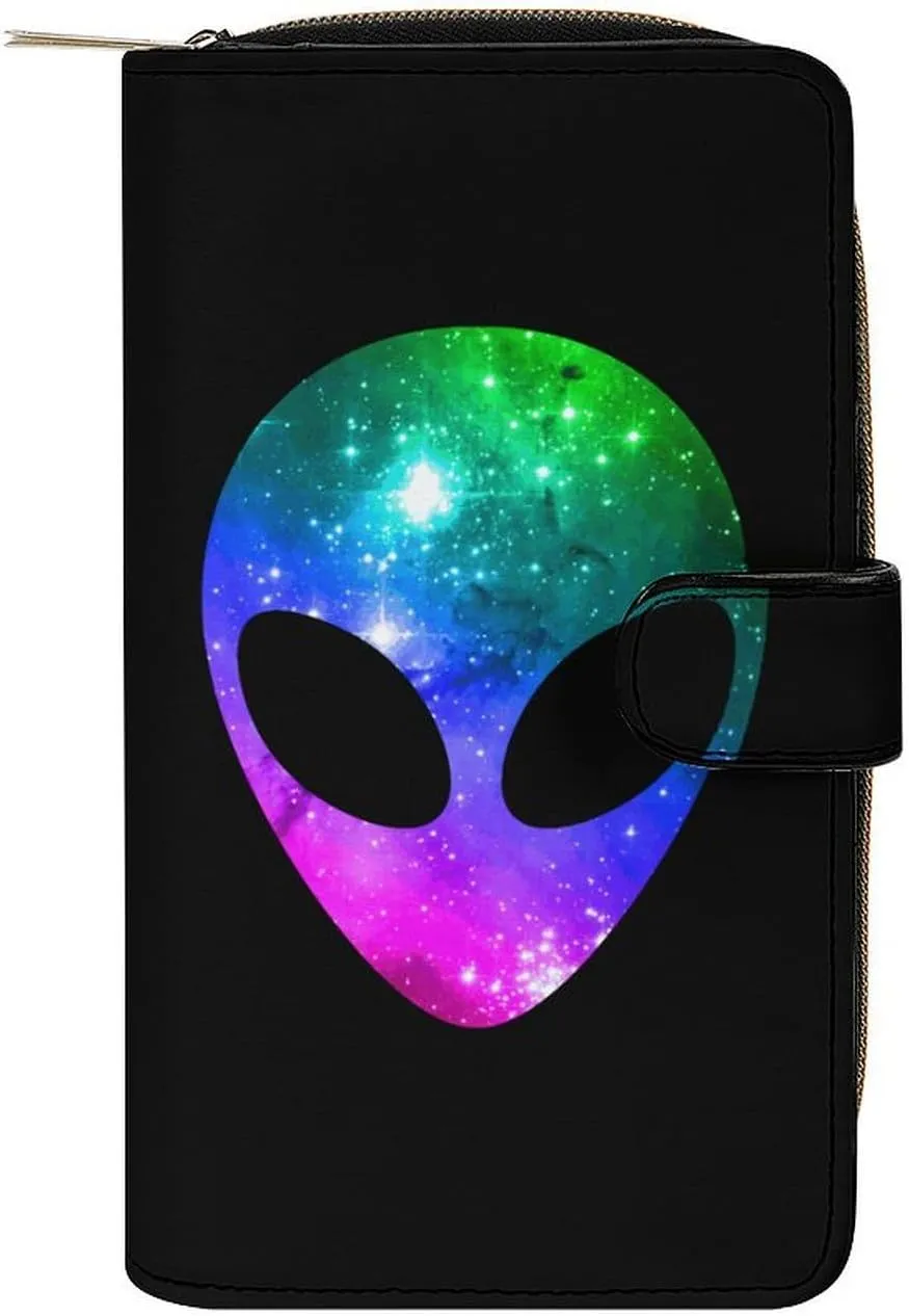 Cosmos Colorful Space Alien Head Wallet for Women Leather Credit Card Holder Clutch Travel Purse with ID Window