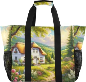 Cottage Flowers Path Large Tote Bag Foldable Canvas Travel Beach Tote Bag Pool Grocery Diaper Bags Handbags for Women Daily Shopping Vacation Essentials