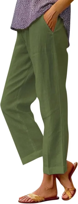 Cotton Linen Pants Women Summer Elastic Straight Leg Pants Plus Size Wide Leg Crop Pants Beach Trousers with Pockets