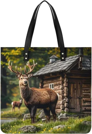 Country Lodge Bear Deer Large Leather Handbags Women Fashion Handbag Multifunctional Travel Bag It Is A Great Gift for Mothers, Teachers, Friends, Bridesmaids