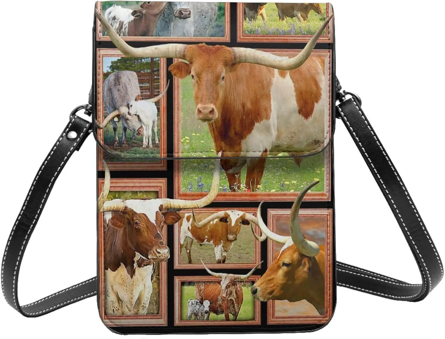 Cow Texas Longhorn Cows Fashion Crossbody Purse and Wallet Set for Women with Adjustable Strap