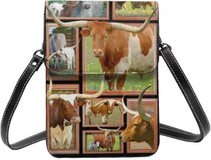 Cow Texas Longhorn Cows Fashion Crossbody Purse and Wallet Set for Women with Adjustable Strap