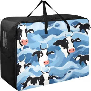 Cows on Blue Storage Bag, 27.5x19.7x11 In, Collapsible Moving Bags Zippered Storage Bag for Closet Comforter, Pillow, Quilt