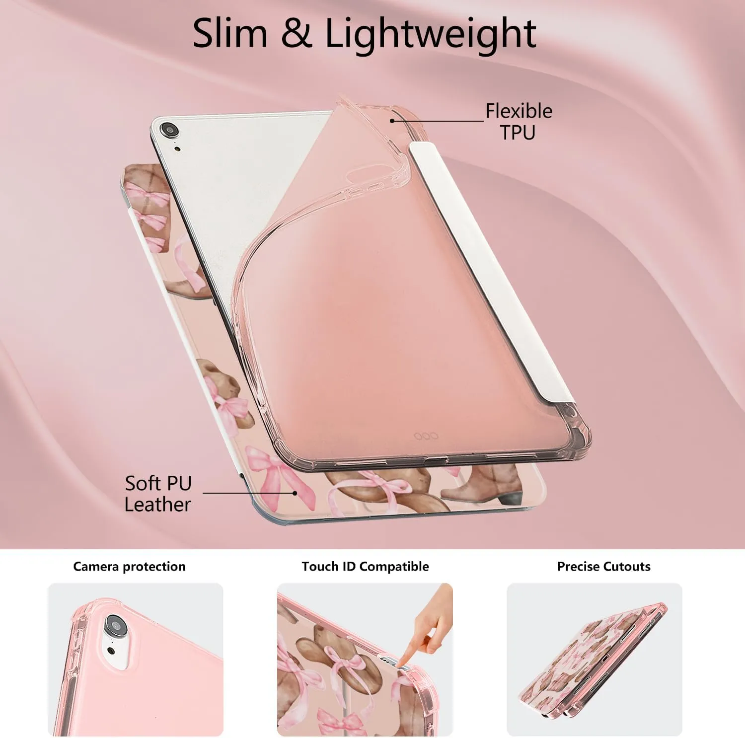 CozyNestCYBow Cowgirl Boots Case for 10.9 Inch Ipad Air4/Air5 Pink Bowknot Lovely Cover for Ipad Fashion Aesthetic Case Auto Sleep/Wake Silicone Shockproof Protect Shell with Pencil HolderGirl Women
