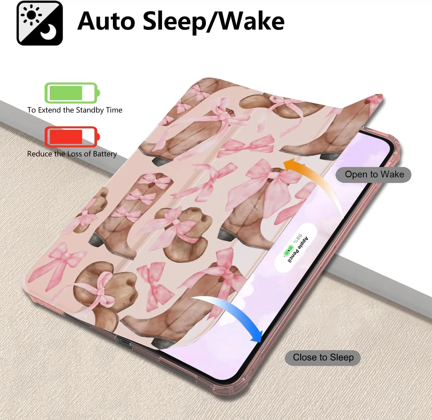 CozyNestCYBow Cowgirl Boots Case for 10.9 Inch Ipad Air4/Air5 Pink Bowknot Lovely Cover for Ipad Fashion Aesthetic Case Auto Sleep/Wake Silicone Shockproof Protect Shell with Pencil HolderGirl Women