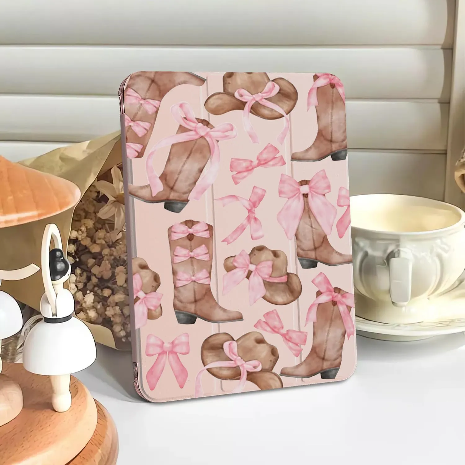 CozyNestCYBow Cowgirl Boots Case for 10.9 Inch Ipad Air4/Air5 Pink Bowknot Lovely Cover for Ipad Fashion Aesthetic Case Auto Sleep/Wake Silicone Shockproof Protect Shell with Pencil HolderGirl Women
