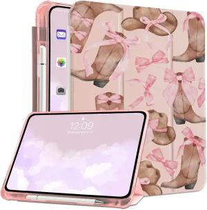 CozyNestCYBow Cowgirl Boots Case for 10.9 Inch Ipad Air4/Air5 Pink Bowknot Lovely Cover for Ipad Fashion Aesthetic Case Auto Sleep/Wake Silicone Shockproof Protect Shell with Pencil HolderGirl Women