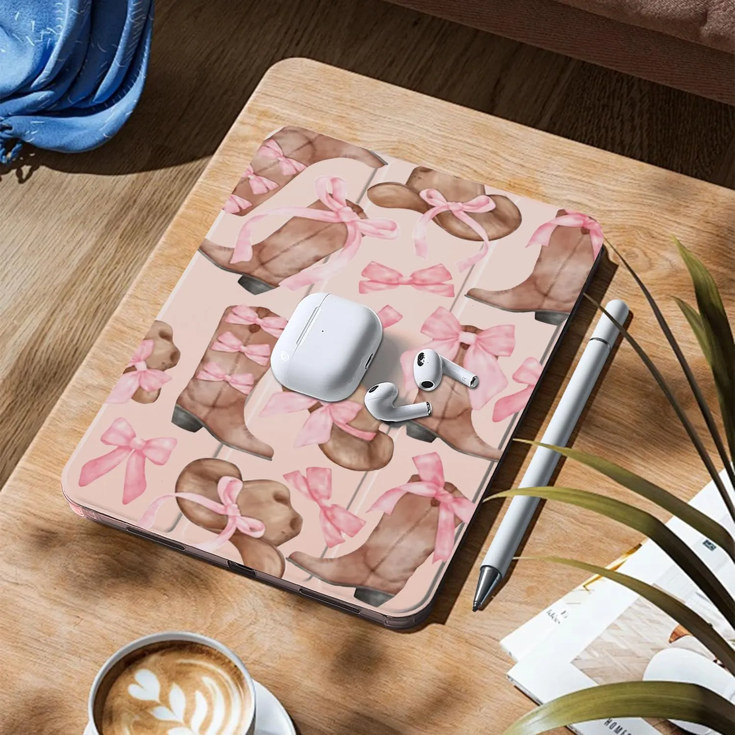 CozyNestCYBow Cowgirl Boots Case for 10.9 Inch Ipad Air4/Air5 Pink Bowknot Lovely Cover for Ipad Fashion Aesthetic Case Auto Sleep/Wake Silicone Shockproof Protect Shell with Pencil HolderGirl Women
